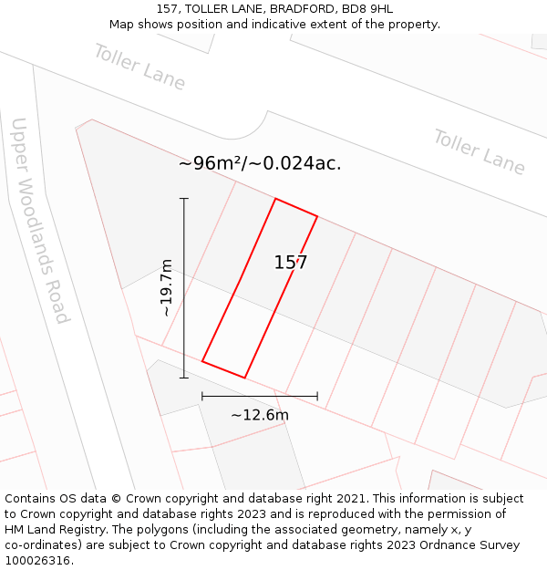 157, TOLLER LANE, BRADFORD, BD8 9HL: Plot and title map
