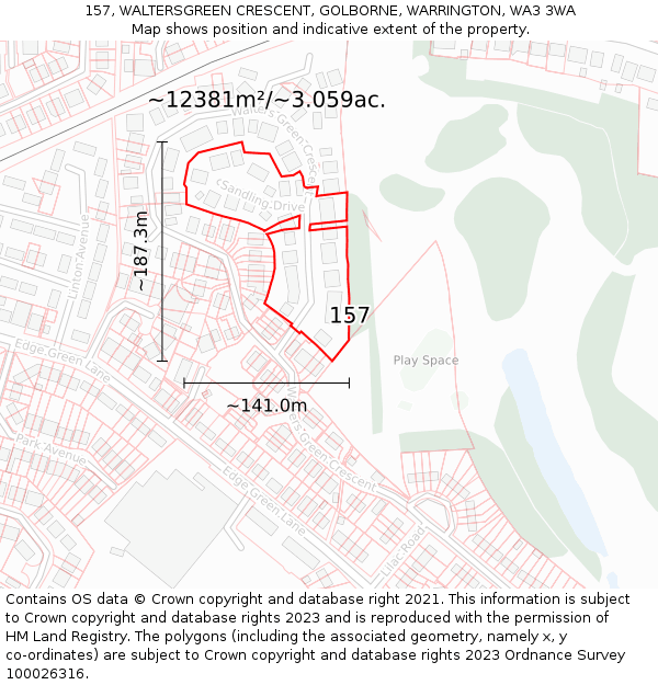 157, WALTERSGREEN CRESCENT, GOLBORNE, WARRINGTON, WA3 3WA: Plot and title map