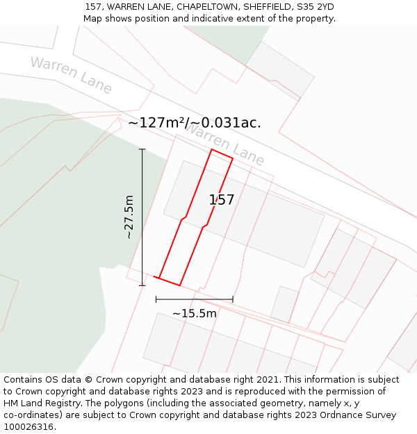 157, WARREN LANE, CHAPELTOWN, SHEFFIELD, S35 2YD: Plot and title map