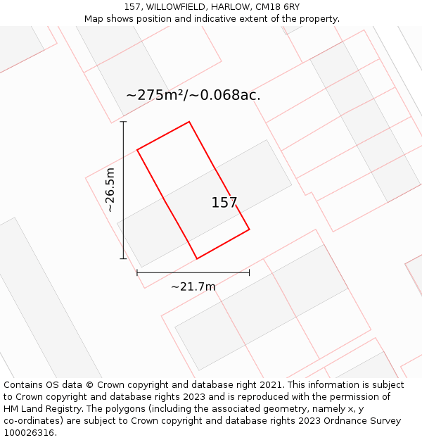157, WILLOWFIELD, HARLOW, CM18 6RY: Plot and title map