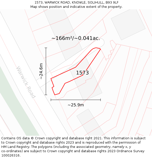 1573, WARWICK ROAD, KNOWLE, SOLIHULL, B93 9LF: Plot and title map