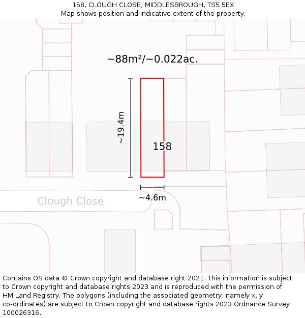 158, CLOUGH CLOSE, MIDDLESBROUGH, TS5 5EX: Plot and title map