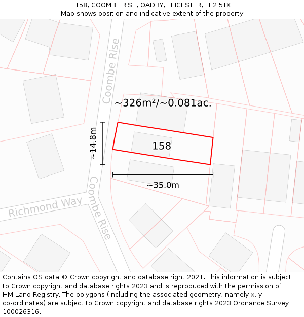 158, COOMBE RISE, OADBY, LEICESTER, LE2 5TX: Plot and title map