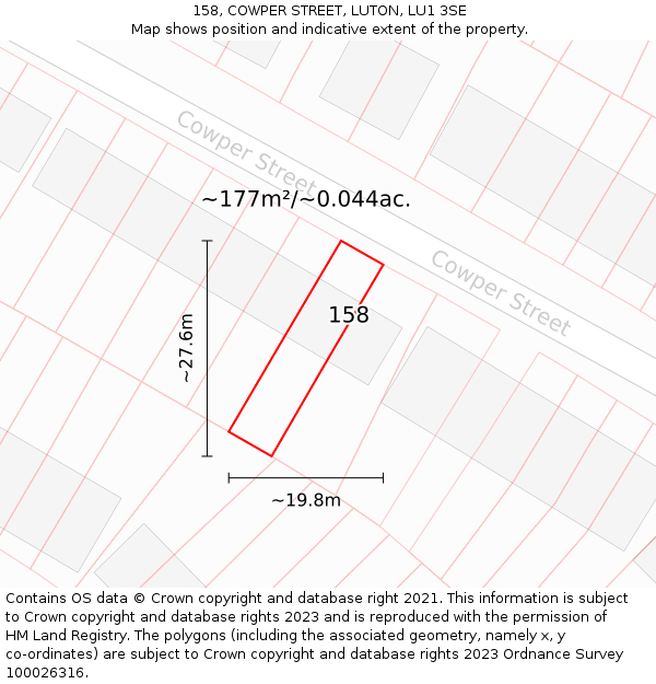 158, COWPER STREET, LUTON, LU1 3SE: Plot and title map