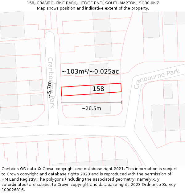 158, CRANBOURNE PARK, HEDGE END, SOUTHAMPTON, SO30 0NZ: Plot and title map
