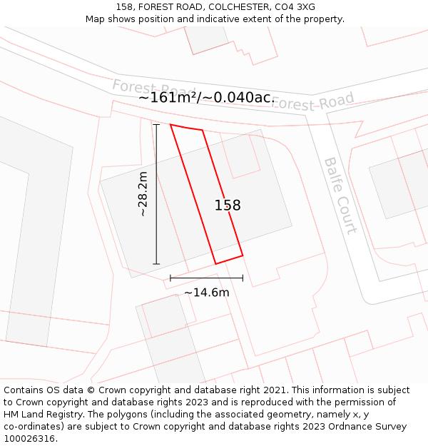 158, FOREST ROAD, COLCHESTER, CO4 3XG: Plot and title map