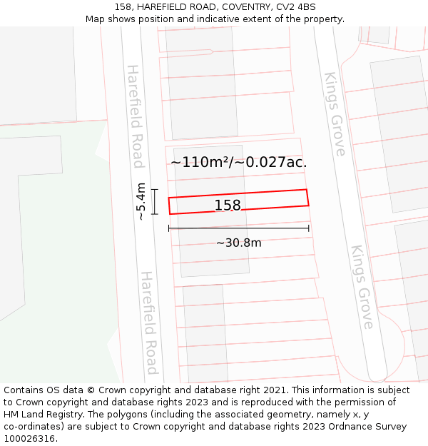 158, HAREFIELD ROAD, COVENTRY, CV2 4BS: Plot and title map
