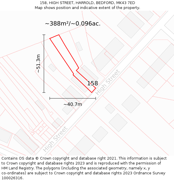 158, HIGH STREET, HARROLD, BEDFORD, MK43 7ED: Plot and title map