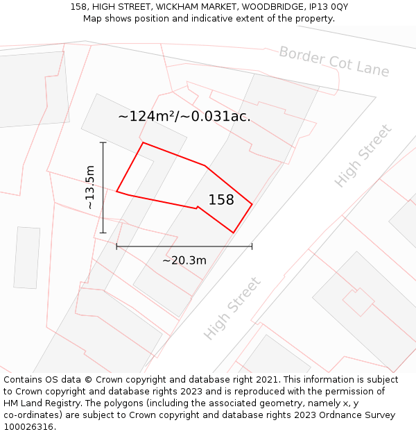 158, HIGH STREET, WICKHAM MARKET, WOODBRIDGE, IP13 0QY: Plot and title map