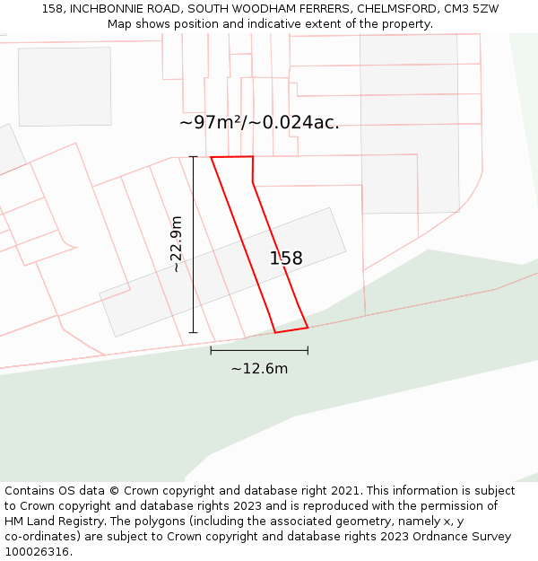 158, INCHBONNIE ROAD, SOUTH WOODHAM FERRERS, CHELMSFORD, CM3 5ZW: Plot and title map