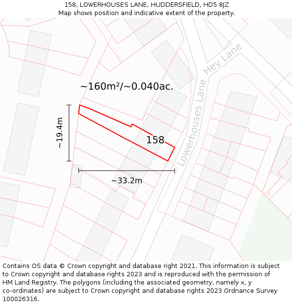 158, LOWERHOUSES LANE, HUDDERSFIELD, HD5 8JZ: Plot and title map