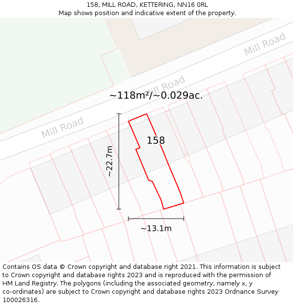 158, MILL ROAD, KETTERING, NN16 0RL: Plot and title map