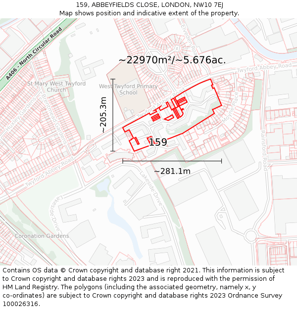 159, ABBEYFIELDS CLOSE, LONDON, NW10 7EJ: Plot and title map