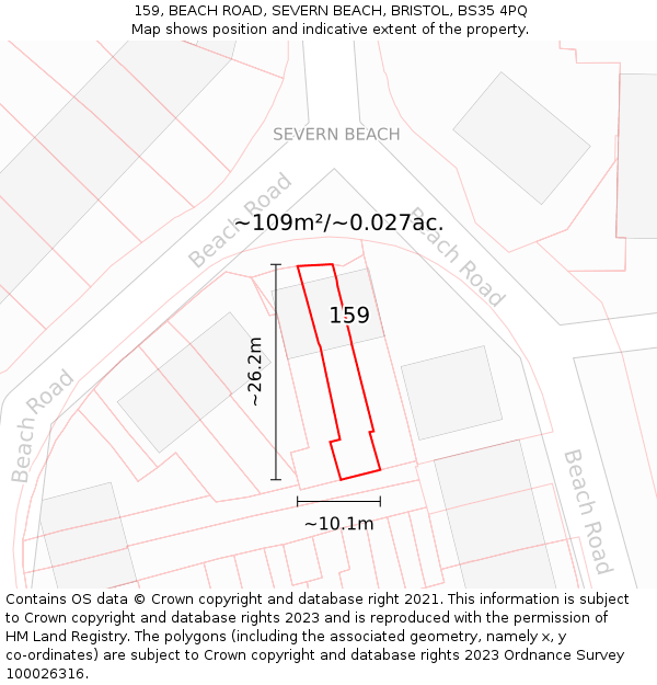 159, BEACH ROAD, SEVERN BEACH, BRISTOL, BS35 4PQ: Plot and title map