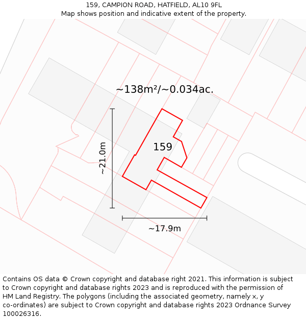 159, CAMPION ROAD, HATFIELD, AL10 9FL: Plot and title map