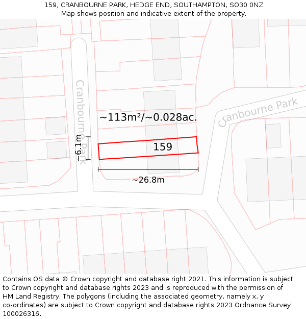 159, CRANBOURNE PARK, HEDGE END, SOUTHAMPTON, SO30 0NZ: Plot and title map