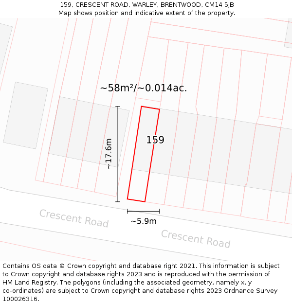 159, CRESCENT ROAD, WARLEY, BRENTWOOD, CM14 5JB: Plot and title map