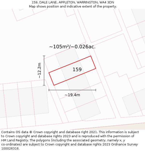 159, DALE LANE, APPLETON, WARRINGTON, WA4 3DN: Plot and title map