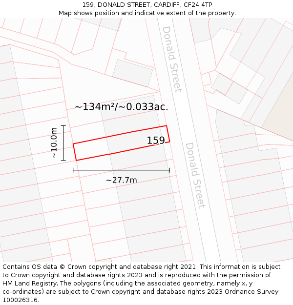 159, DONALD STREET, CARDIFF, CF24 4TP: Plot and title map