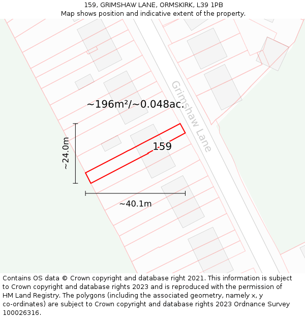 159, GRIMSHAW LANE, ORMSKIRK, L39 1PB: Plot and title map