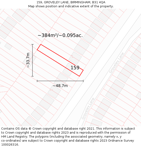 159, GROVELEY LANE, BIRMINGHAM, B31 4QA: Plot and title map