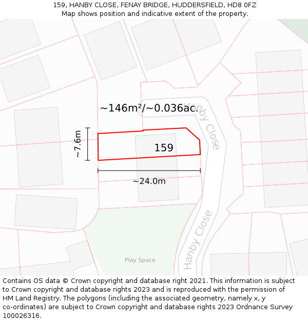 159, HANBY CLOSE, FENAY BRIDGE, HUDDERSFIELD, HD8 0FZ: Plot and title map
