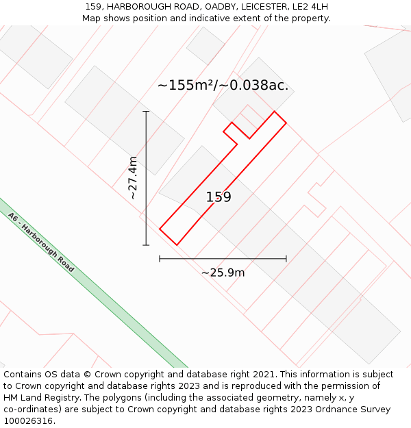 159, HARBOROUGH ROAD, OADBY, LEICESTER, LE2 4LH: Plot and title map