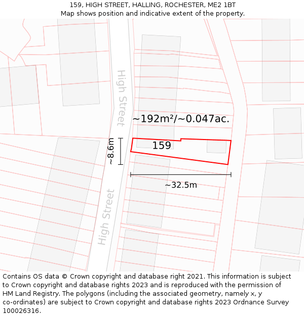 159, HIGH STREET, HALLING, ROCHESTER, ME2 1BT: Plot and title map