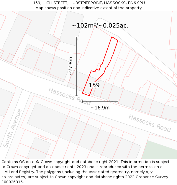 159, HIGH STREET, HURSTPIERPOINT, HASSOCKS, BN6 9PU: Plot and title map