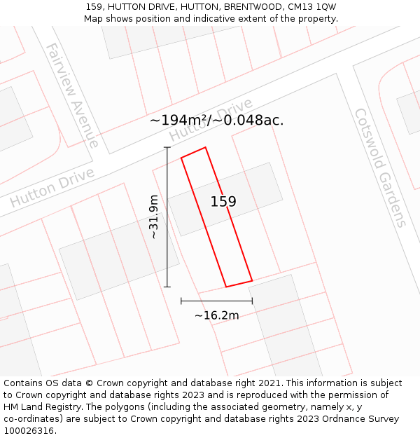 159, HUTTON DRIVE, HUTTON, BRENTWOOD, CM13 1QW: Plot and title map