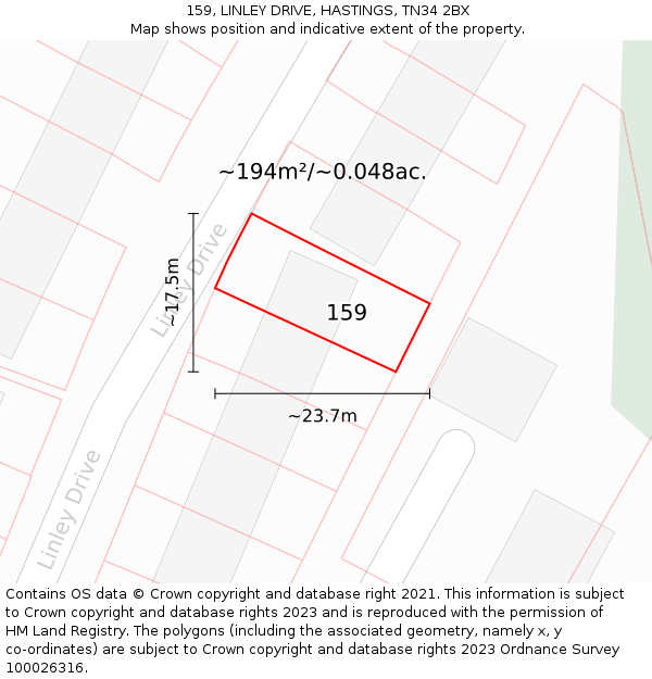 159, LINLEY DRIVE, HASTINGS, TN34 2BX: Plot and title map