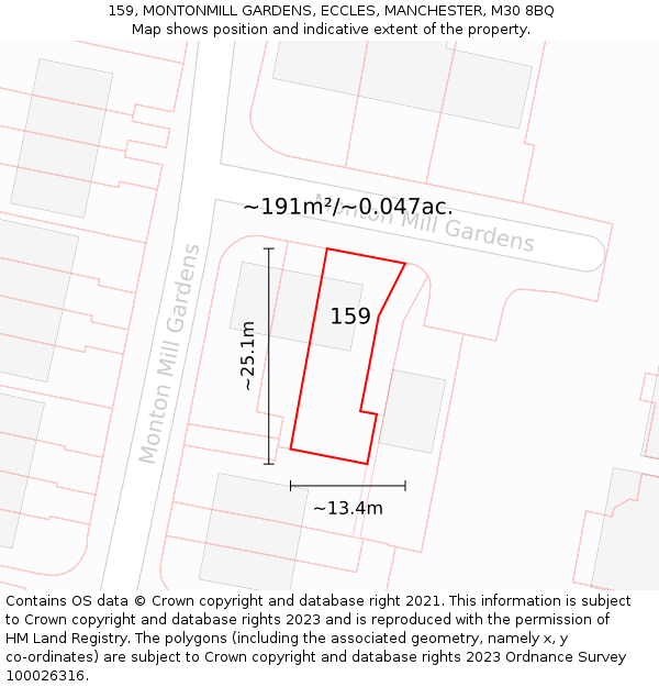 159, MONTONMILL GARDENS, ECCLES, MANCHESTER, M30 8BQ: Plot and title map
