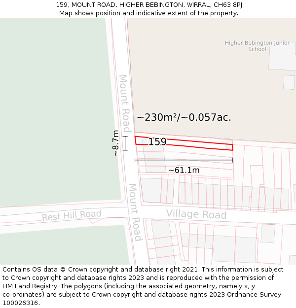 159, MOUNT ROAD, HIGHER BEBINGTON, WIRRAL, CH63 8PJ: Plot and title map