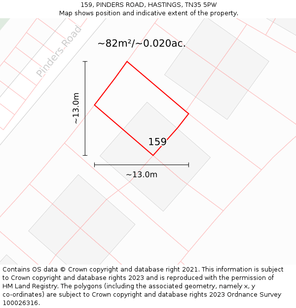 159, PINDERS ROAD, HASTINGS, TN35 5PW: Plot and title map
