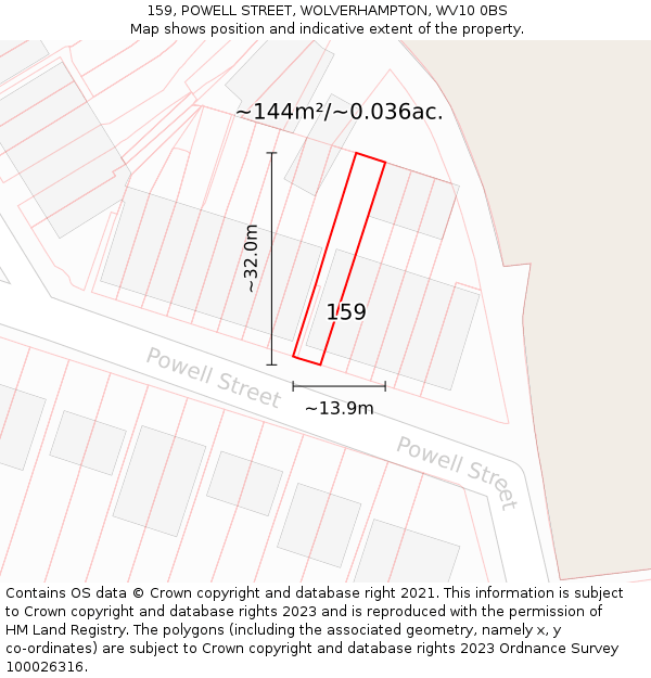 159, POWELL STREET, WOLVERHAMPTON, WV10 0BS: Plot and title map