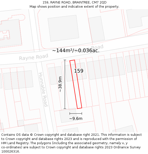 159, RAYNE ROAD, BRAINTREE, CM7 2QD: Plot and title map