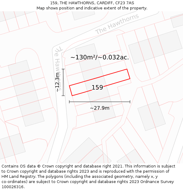 159, THE HAWTHORNS, CARDIFF, CF23 7AS: Plot and title map