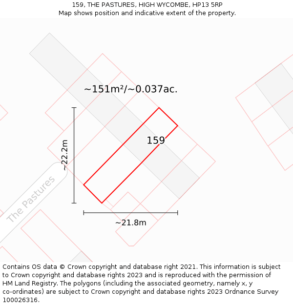 159, THE PASTURES, HIGH WYCOMBE, HP13 5RP: Plot and title map