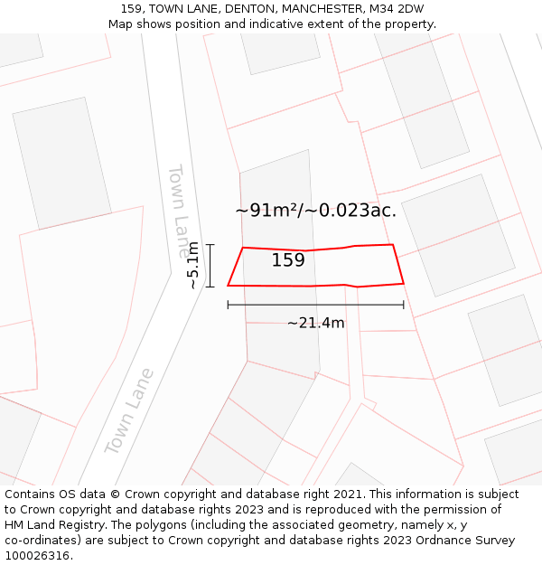 159, TOWN LANE, DENTON, MANCHESTER, M34 2DW: Plot and title map