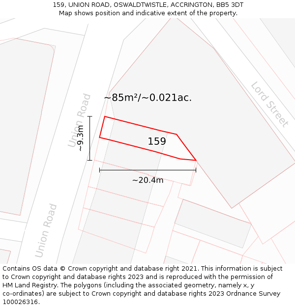 159, UNION ROAD, OSWALDTWISTLE, ACCRINGTON, BB5 3DT: Plot and title map