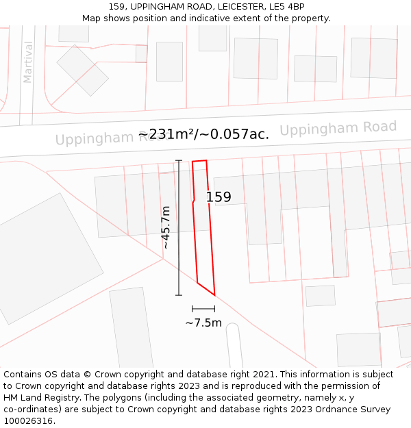 159, UPPINGHAM ROAD, LEICESTER, LE5 4BP: Plot and title map