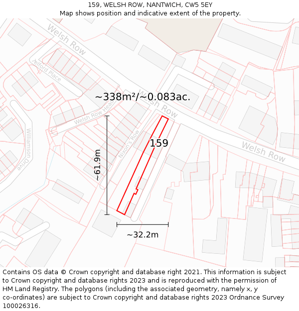 159, WELSH ROW, NANTWICH, CW5 5EY: Plot and title map