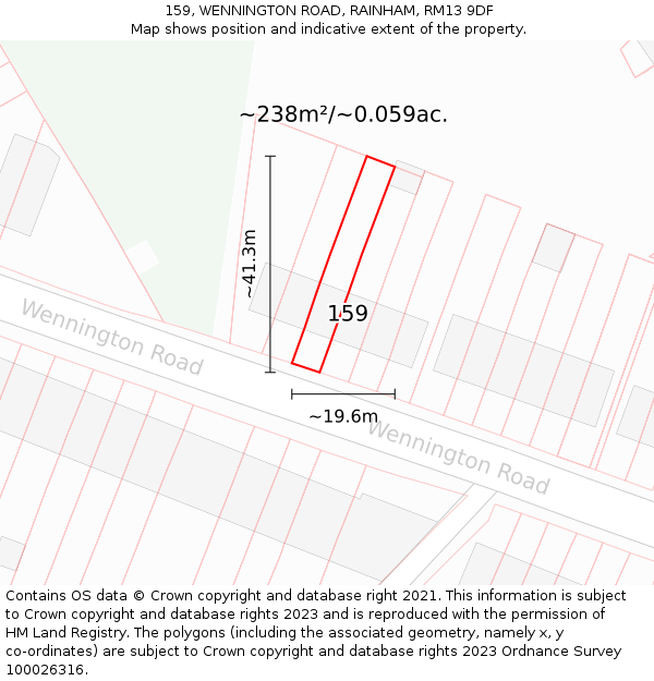 159, WENNINGTON ROAD, RAINHAM, RM13 9DF: Plot and title map