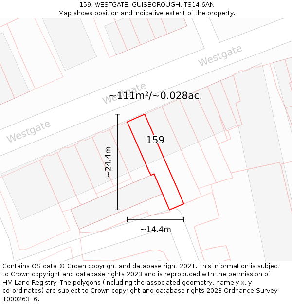 159, WESTGATE, GUISBOROUGH, TS14 6AN: Plot and title map