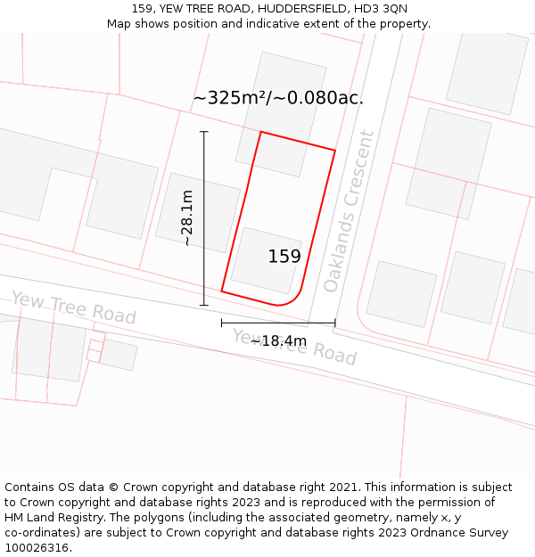159, YEW TREE ROAD, HUDDERSFIELD, HD3 3QN: Plot and title map