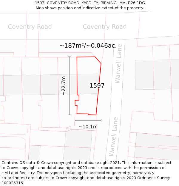 1597, COVENTRY ROAD, YARDLEY, BIRMINGHAM, B26 1DG: Plot and title map