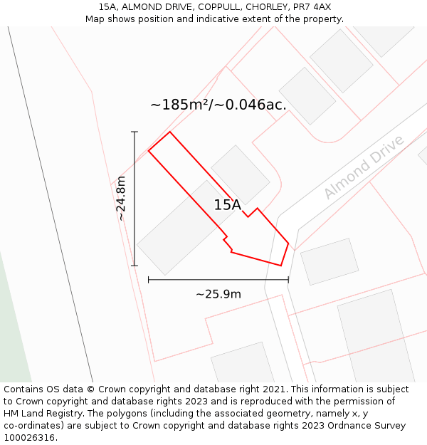 15A, ALMOND DRIVE, COPPULL, CHORLEY, PR7 4AX: Plot and title map