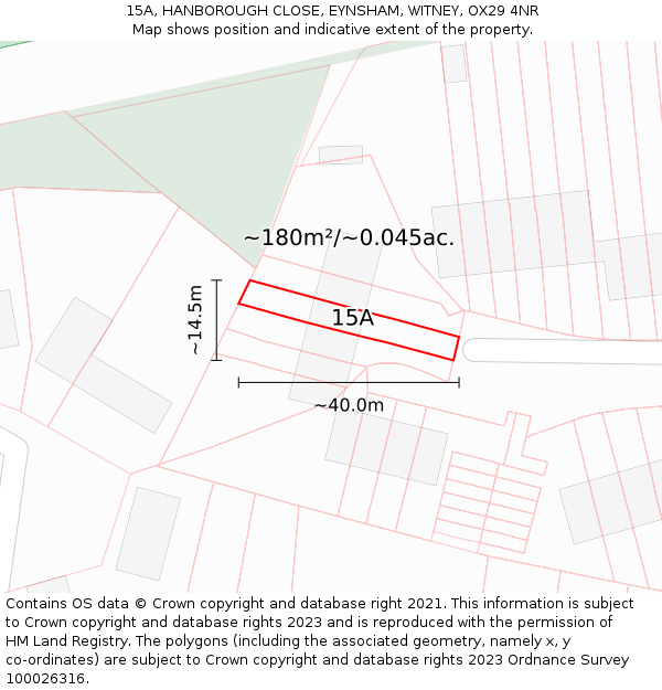 15A, HANBOROUGH CLOSE, EYNSHAM, WITNEY, OX29 4NR: Plot and title map