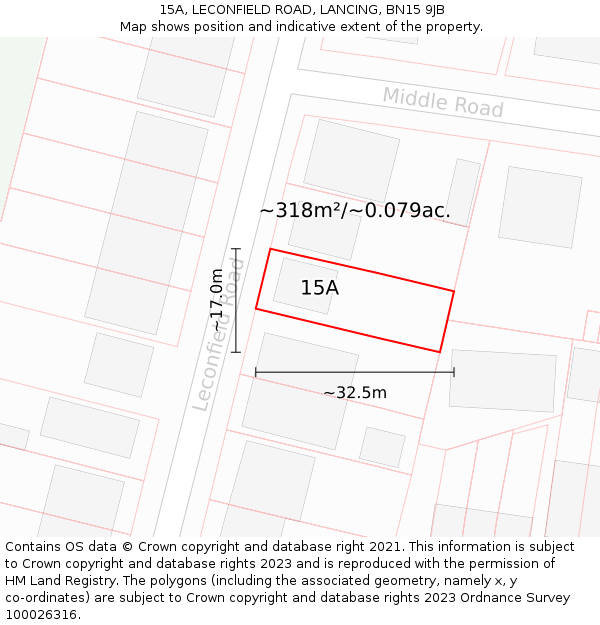 15A, LECONFIELD ROAD, LANCING, BN15 9JB: Plot and title map
