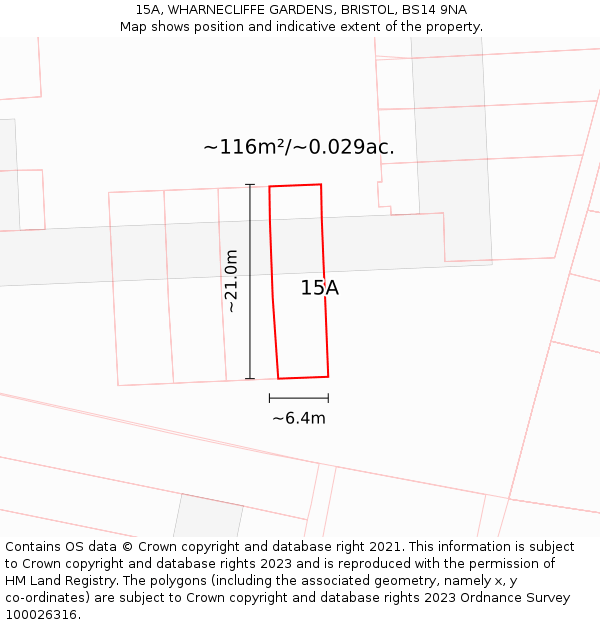15A, WHARNECLIFFE GARDENS, BRISTOL, BS14 9NA: Plot and title map